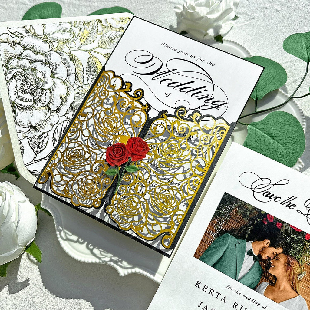 Luxury Gold Foil and Black Gatefold Wedding Invitation, Romantic Rose Laser Cut Wedding Invites, Elegant Invitations with Personalized Matched Cards and Gold Lined Floral Envelopes