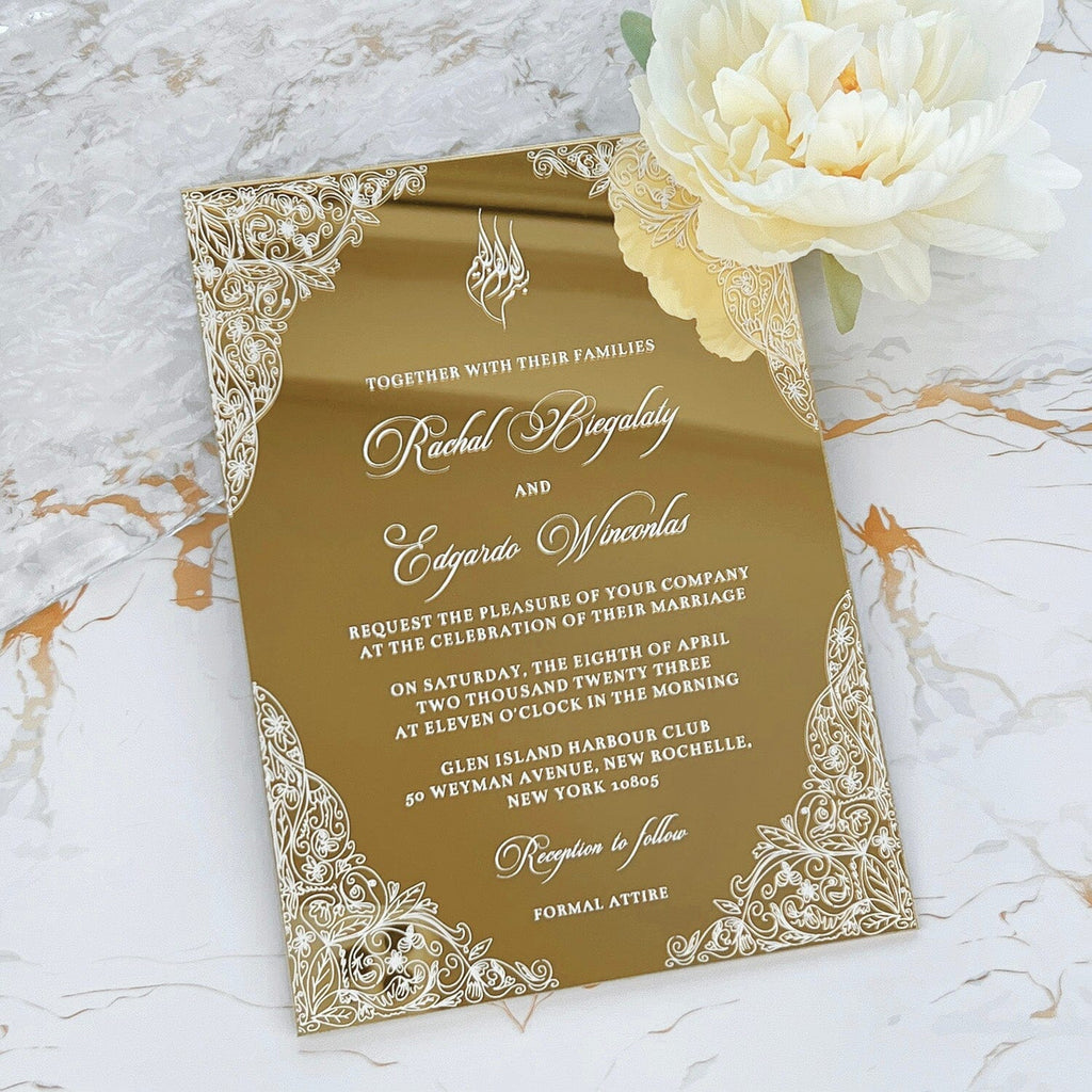 Luxury Gold Mirror Acrylic Wedding Invitation, Elegant Floral Frame and Personalized Monogram Invites, Minimalist Gold Acrylic Invites
