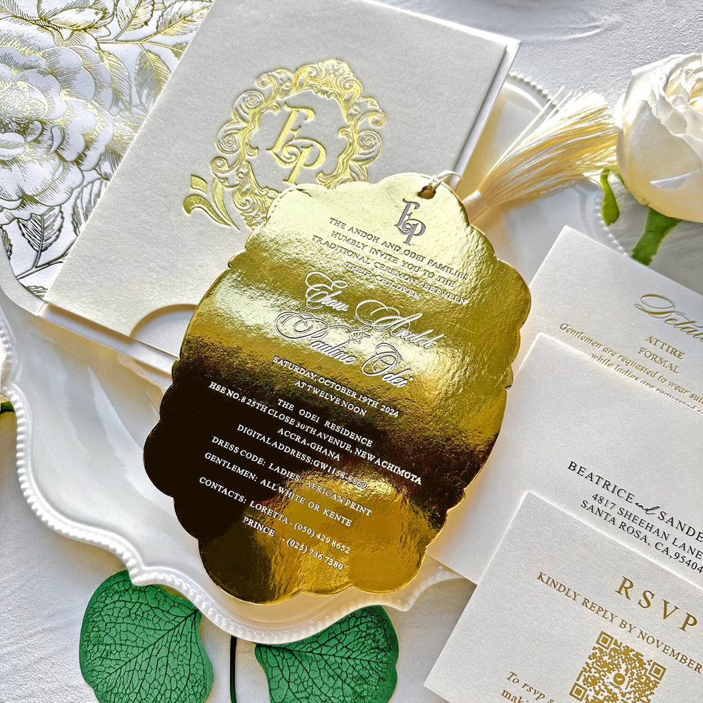 Luxury Gold Velvet Wedding Invitations, Elegant Ivory Pocket and Gold Glitter Paper Invites, Personalized Gold Foil Monogram and QR Code RSVP
