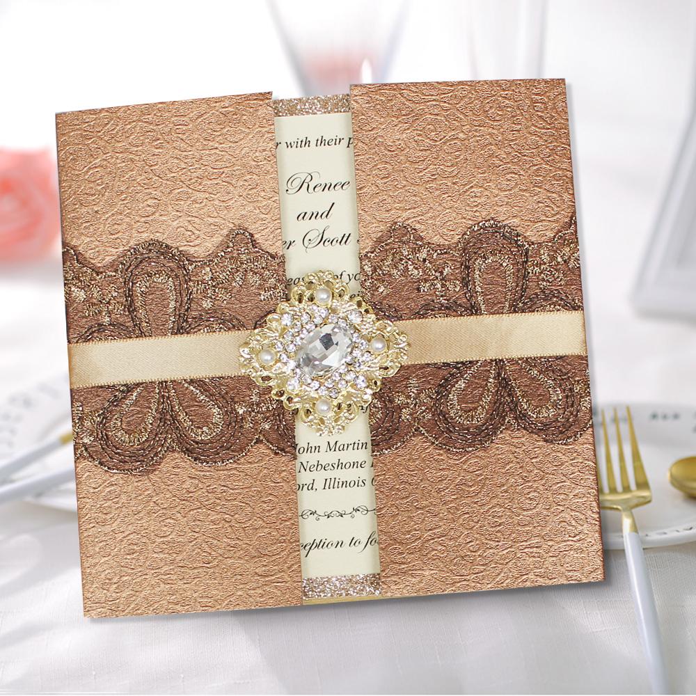 Luxury Golden Invitations Pearl and Diamante Wedding Invite