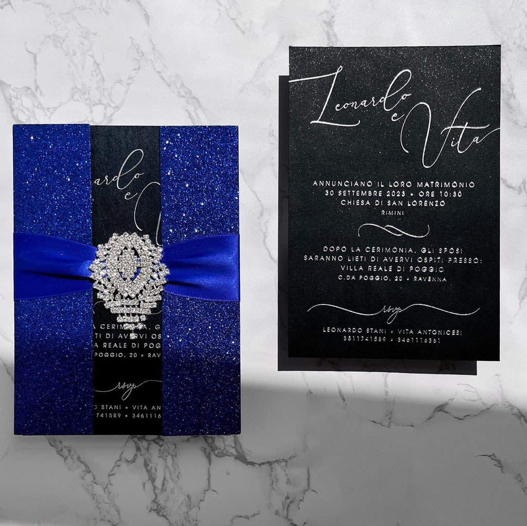 Luxury Navy Glitter Wedding Invitations, Vintage Blue and Silver Foil Invites with Diamond, Elegant Black Boxed Invitation