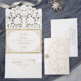 Elegant Ivory And Champagne Gold Glittery Pocket Wedding Invitations CLCI226