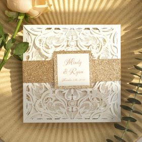 luxury rose gold laser cut wedding invites with glittery bottom card and belly band CLCI003