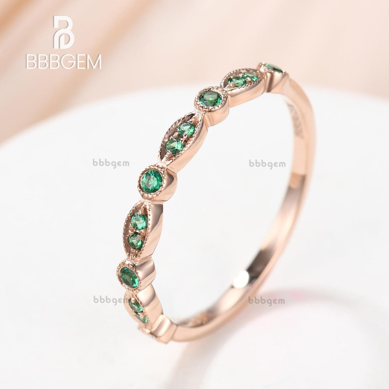 Emerald Wedding Ring 14k Rose Gold Antique Art Deco Half Eternity Band May Birthstone Ring
