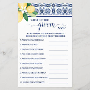 Mediterranean What did Groom Say Shower Game Card Flyer