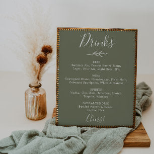 Minimal Leaf Dark Green Wedding Drinks Menu Poster