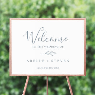 Minimal Leaf Dusty Blue Wedding Welcome Poster