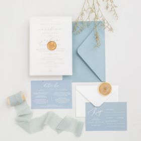 Minimalist Calligraphy Vellum Wedding Invitations Dusty Blue Matching Card With Wax Seal Swpi121