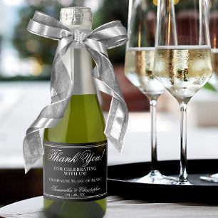 Minimalist Wedding Thank You White on Black Mini Sparkling Wine Label