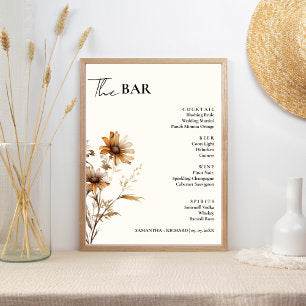 Minimalist Wildflower Wedding Drinks Bar Menu Poster