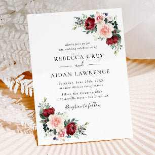 Minimalistic Rustic Burgundy Blush Floral Wedding Invitation