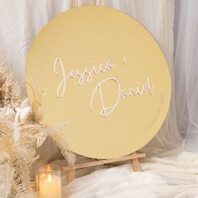 Luxurious Gold Mirror Round Acrylic Wedding Welcome Sign with Exquisite White Acrylic Names CS105