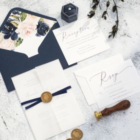 Modern Vellum Wedding Invitations With Navy Blue Ribbon And Wax Seal Swpi129