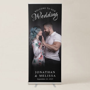 Modern Black Elegant Photo Script Wedding Welcome Retractable Banner
