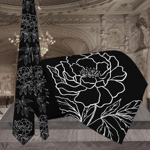 Modern Black & White Garden Peony Wedding Neck Tie