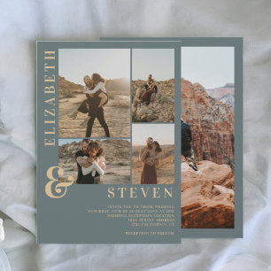Modern dusty blue ampersand 5 photo grid wedding invitation
