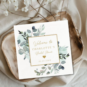 Modern, elegant eucalyptus bridal shower napkins