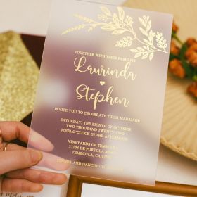 Modern Frosted Gold Foliage Calligraphy Acrylic Wedding Invitations CAM062
