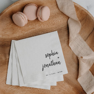 Modern Minimalist Script Black and White Wedding Napkins