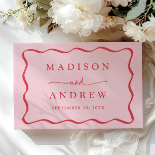 Modern Pink and Red Wavy Frame Photo Wedding Guest Book