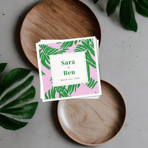 Modern Pink + Green Palm Tree Wedding Napkins