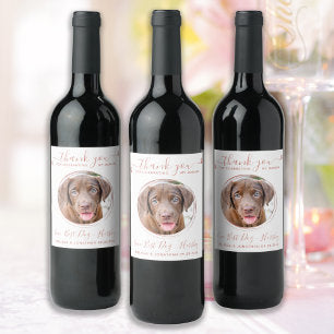 Modern Rose Gold Thank You Dog Photo Pet Wedding Wine Label