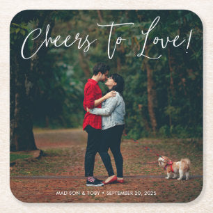 Modern Script Cheers To Love Photo Wedding Square Paper Coaster