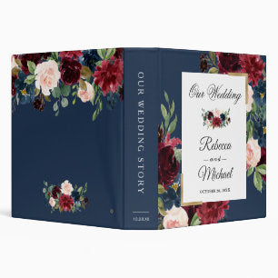 Modern Vintage Burgundy Floral Navy Blue Wedding 3 Ring Binder