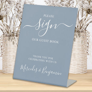 Modern Wedding Guest Book Dusty Blue Pedestal Sign