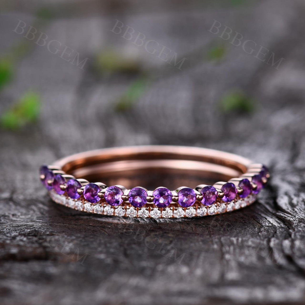 Half Eternity 2mm Round Cut Moissanite Amethyst Wedding Bang Bubble Set Rose Gold