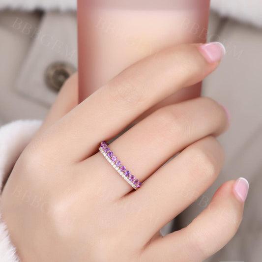 Half Eternity 2mm Round Cut Moissanite Amethyst Wedding Bang Bubble Set Rose Gold