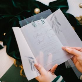 rustic botanic olive leaf monogram acrylic wedding invitation with matcing vellum wrap CAPV007