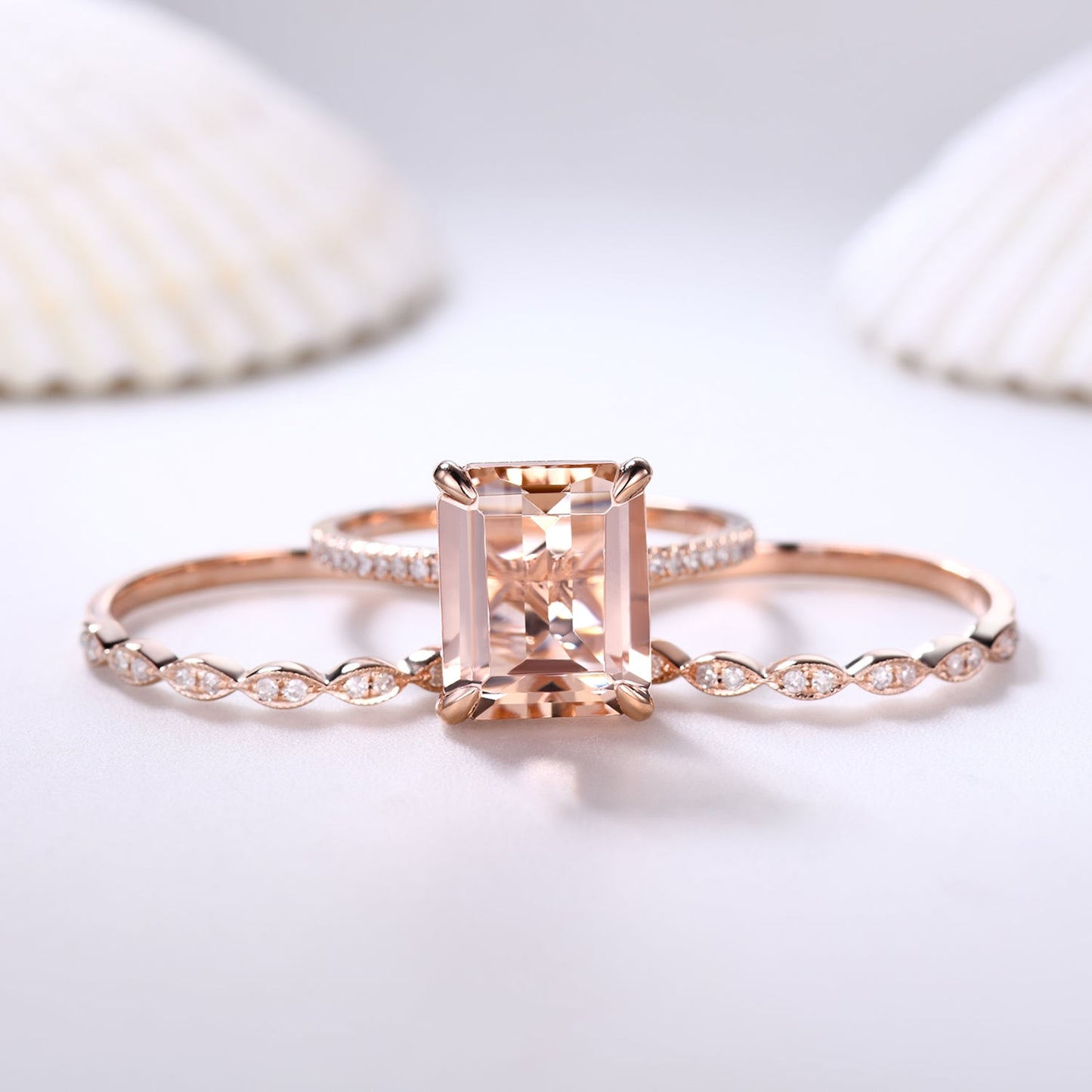 3pcs Big Emerald Cut Morganite Bridal Ring Set and Diamond Half Eternity Bands