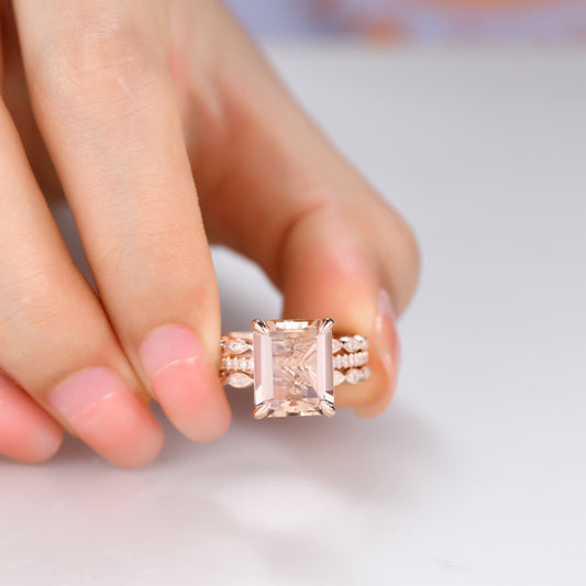 3pcs Big Emerald Cut Morganite Bridal Ring Set and Diamond Half Eternity Bands