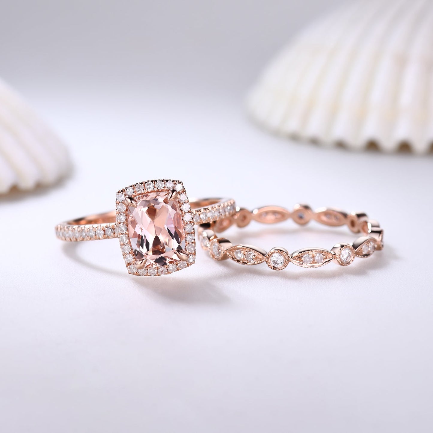 2pcs Delicate Cushion Halo Morganite Bridal Ring Set and Diamond Full Eternity Band