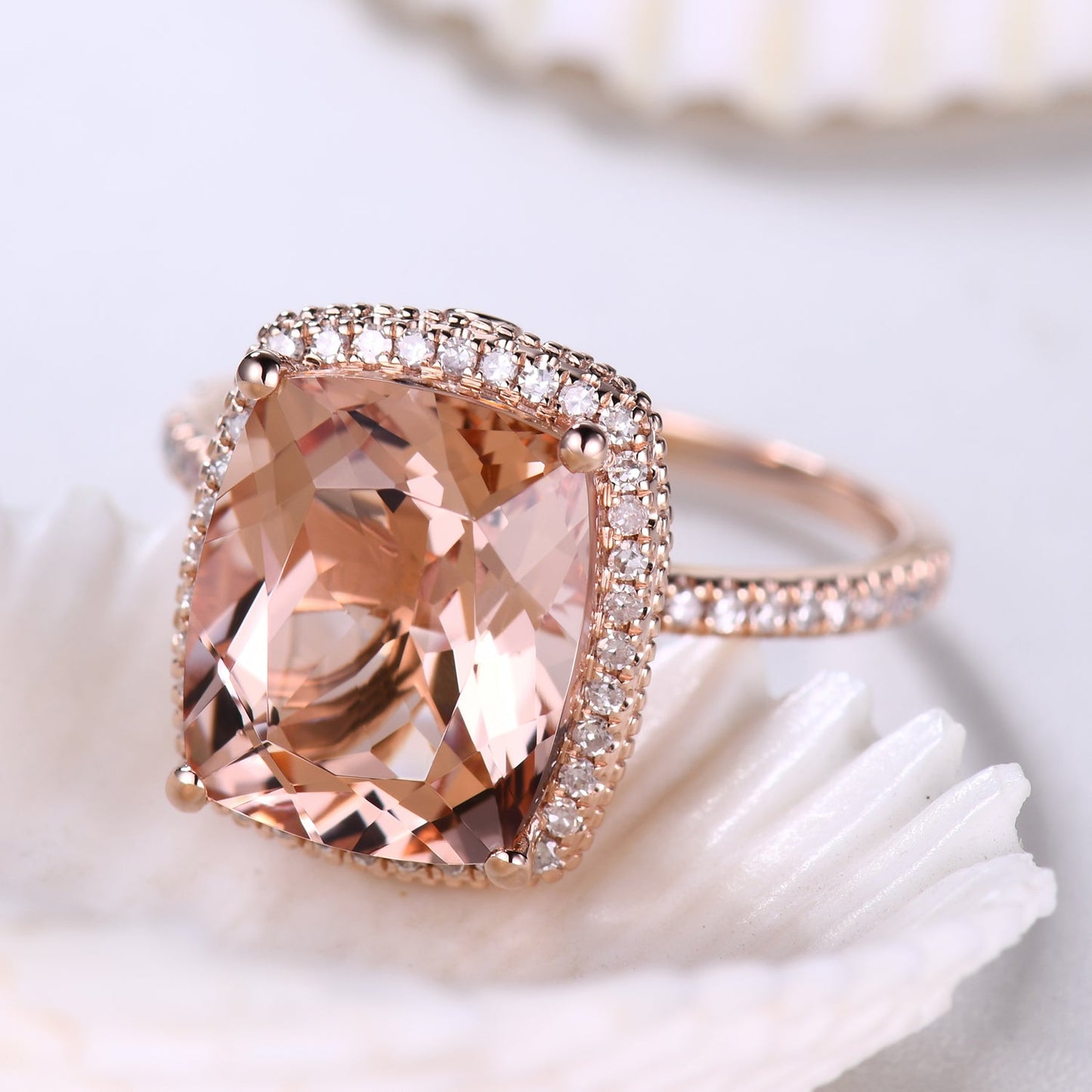 5 Carat Big Morganite Engagement Ring Filigree Halo Diamond Ring in Rose Gold