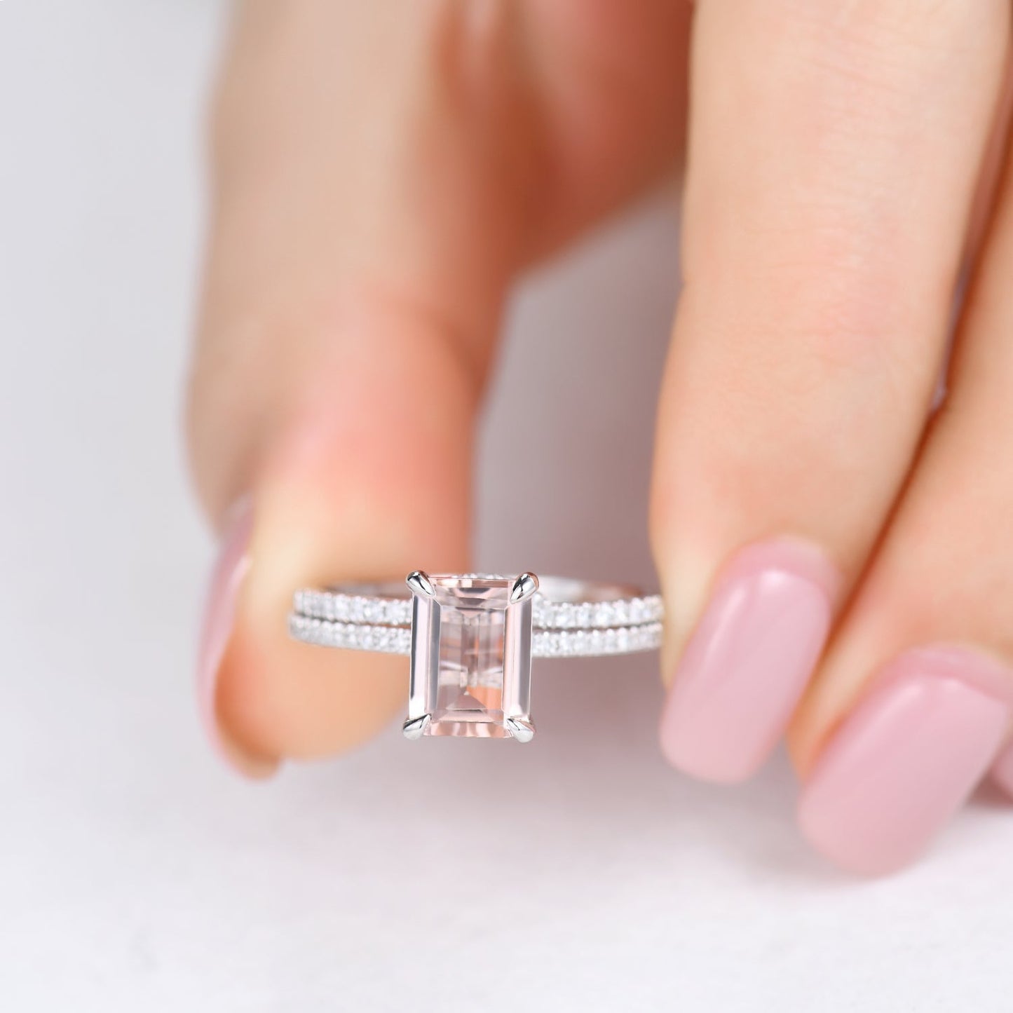 Emerald Cut Hidden Halo Morganite Bridal Ring Set and Curved Diamond Matching Band