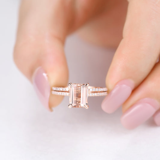 Emerald Cut Hidden Halo Morganite Bridal Ring Set and Curved Diamond Matching Band
