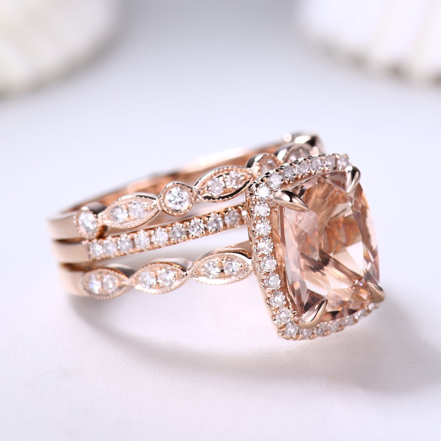 3pcs 7x9mm Cushion Cut Morganite Bridal Ring Set and Diamond Art Deco Wedding Band