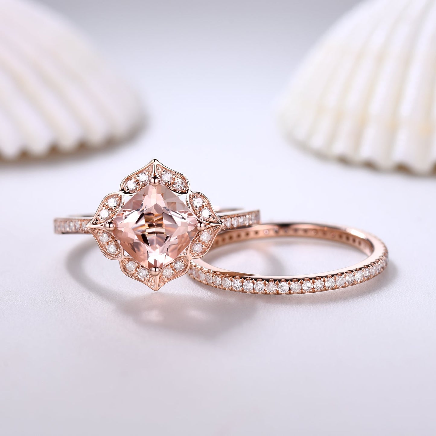 Floral Cushion Cut Morganite Engagement Ring Set and Diamond Full Eternity Band