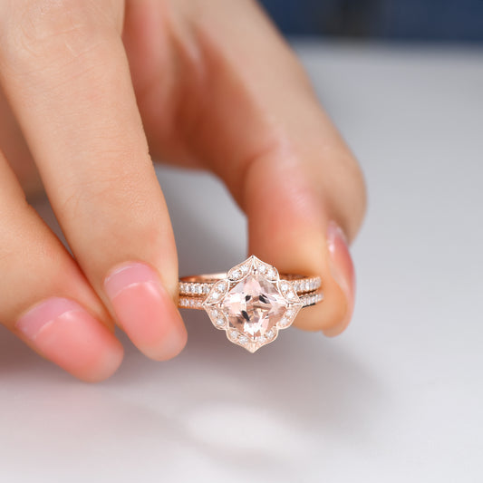 Floral Cushion Cut Morganite Engagement Ring Set and Diamond Full Eternity Band