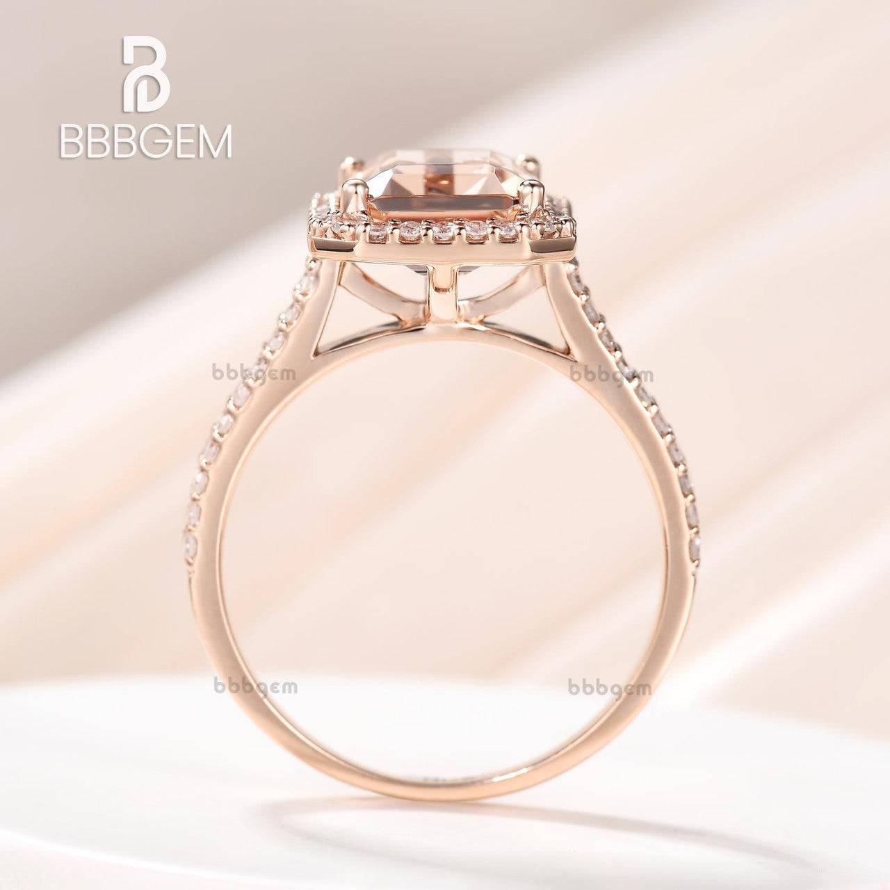 4 Carat Yellow Gold Natural Morganite Diamond Halo Engagement Ring 8x10mm Emerald Cut