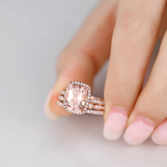 10x8mm Cushion Cut Natural Morganite Engagement Ring 3 Pieces