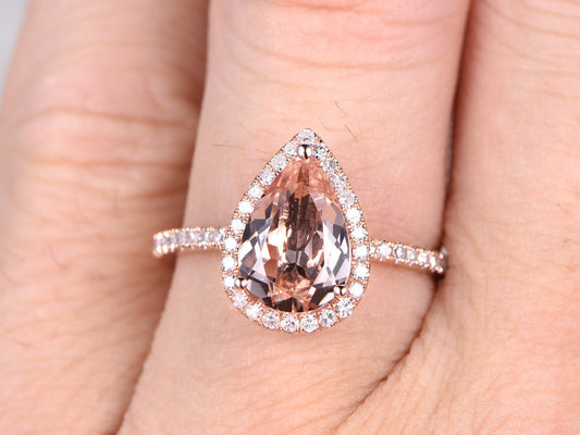 2 Carat Pear Shaped Morganite Engagement Ring Diamond Promise Ring 14k Rose Gold Halo Teardrop Design