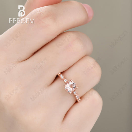 1 Carat Round Natural Morganite Ring 18K Rose Gold Plated Silver Bridal Ring Milgrain Marquise and Moissanite Ring