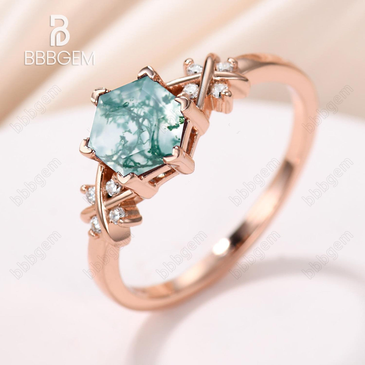Hexagon Cut Moss Agate Side Stones Engagement Ring 14K Rose Gold Finish Green Gemstone Ring