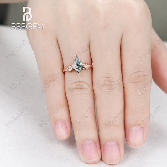 Kite Cut Moss Agate Diamond Engagement Ring Geometric Moss Agate Jewelry 14K Rose Gold V Prong Kite Shaped Promise Ring