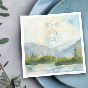 Mountain Lake Watercolor Personalized Wedding Napkins
