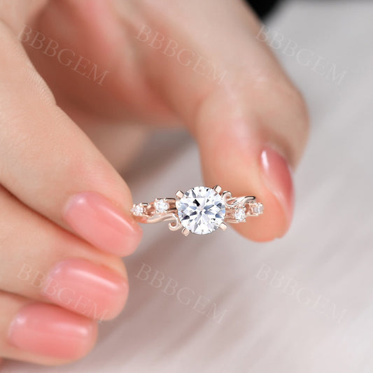 1.2 Carat Round Cut VVS Moissanite Wedding Ring In 14k Pink Gold Twig Vine Moissanite Band