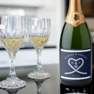 Nautical Blue Rope Heart Anchor Monogram Wedding Sparkling Wine Label
